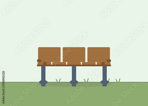 Empty park bench with three brown wooden seats outdoors on green grass field. Simple vector illustration design, copy space.