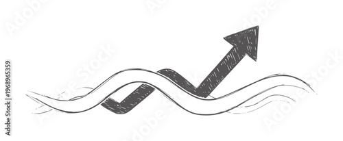 Dark gray arrow pointing upwards over wavy lines growth increase success