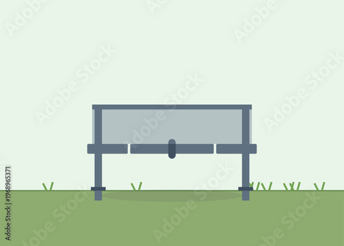 Graphic park bench illustration, minimalist design in outdoor green space, peaceful daytime scene.