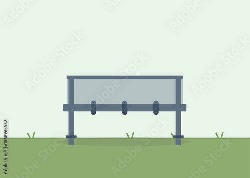 Simple park bench in minimalist flat design outdoors. Empty bench on grassy area, peaceful graphic illustration.