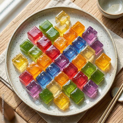 Korean Jelly Dessert Cubes are soft, translucent sweets made using ingredients like agar or gelatin, often crafted into clean, geometric cube shapes. Inspired by traditional elements of Korean Jelly D