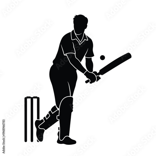 Cricket batsman silhouette playing shot with bat vector illustration