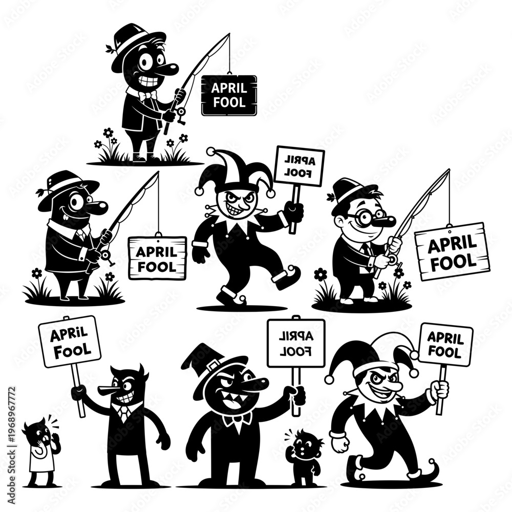 Fototapeta premium April Fool’s Day Cartoon Characters and Prank Signs Set