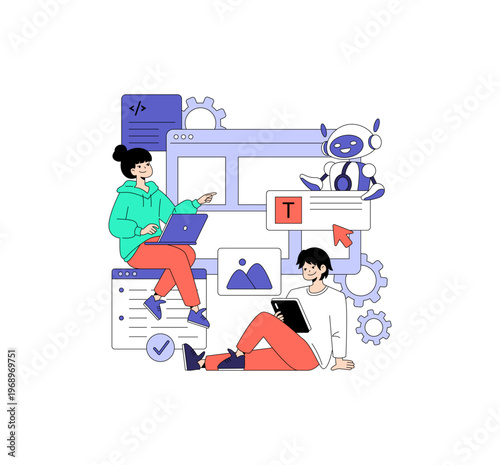 Team Collaboration with AI Robot Vector Illustration