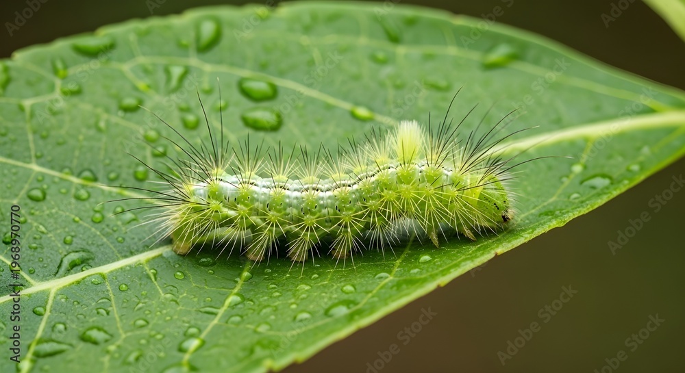 Fototapeta premium Macro shot of a bright green spiky caterpillar crawling on a vibrant leaf covered with water droplets after rain.