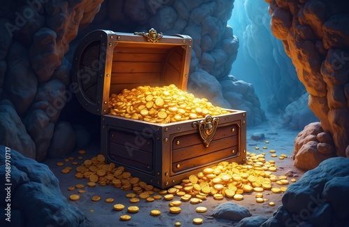 Treasure chest brimful of gold coins sits open in dark cave. Golden currency spills onto cave floor, illuminating cavern with warm glow. Mystery and adventure await discovery.