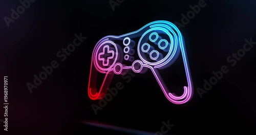 Gaming pad esports glass style symbol seamless and looped. Colour transparent 3d light neon rotated icon concept abstract animation.