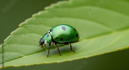 Macro shot of a vibrant green ladybug with black spots resting on a lush green leaf