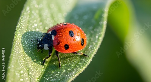 Detailed macro shot of a red ladybug covered in sparkling dew drops sitting on a fresh green leaf in the morning sun.