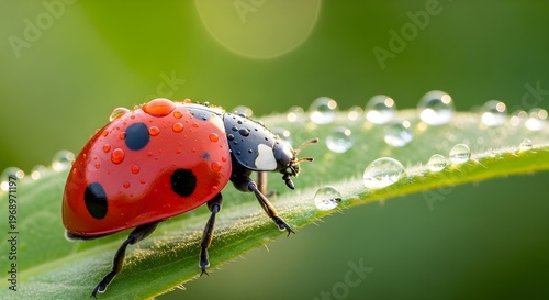 Macro shot of a red ladybug with water droplets crawling on a green leaf in sunlight.