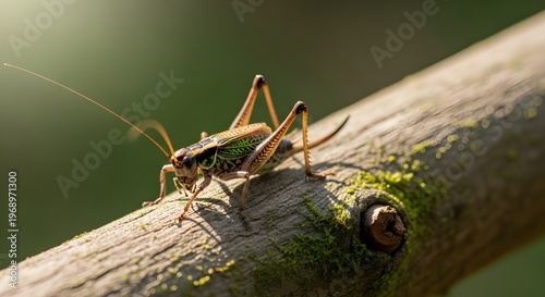Close-up macro shot of a cricket perched on a mossy wooden branch in the garden.