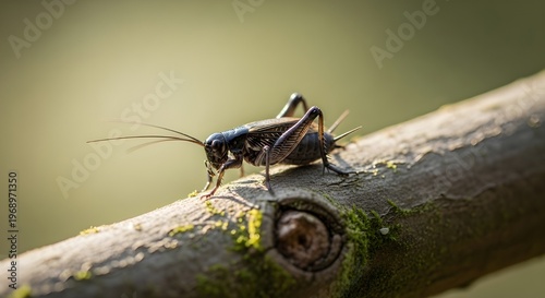 Macro shot of a black field cricket perched on a mossy tree branch under natural sunlight.