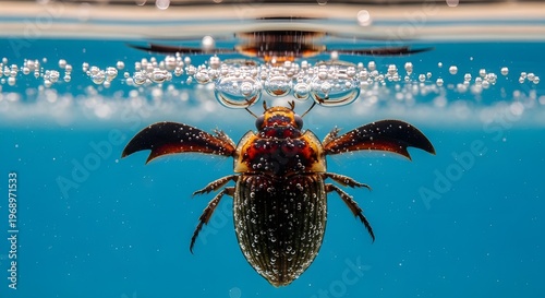Macro shot of a colorful diving beetle swimming underwater with air bubbles and surface reflections