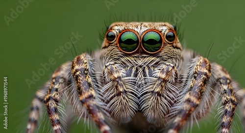 Extreme macro close-up of a jumping spider with large green eyes and detailed hair texture against a green background