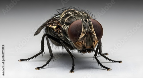 Extreme macro close-up of a housefly showing detailed compound eyes and bristles on a clean white surface.