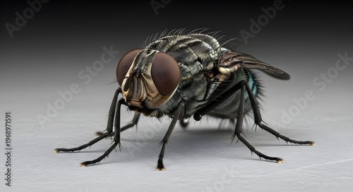 Macro photography of a housefly on a grey surface, showing detailed compound eyes and body bristles.