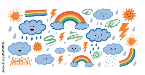 Hand drawn weather set with smiling clouds orange suns rainbows lightning bolts and blue raindrops on a white background