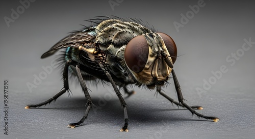 Extreme macro close-up of a housefly showing intricate details of eyes, bristles, and legs against a neutral gray background.