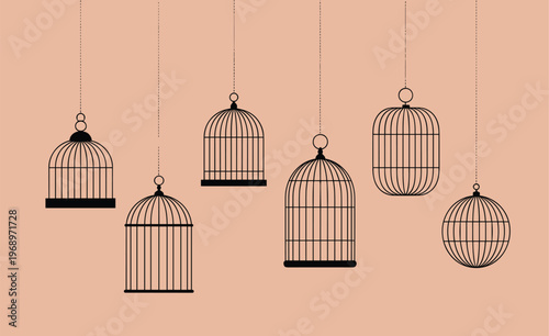 Six black birdcages of varying shapes and sizes hanging from thin vertical lines against a solid light peach background