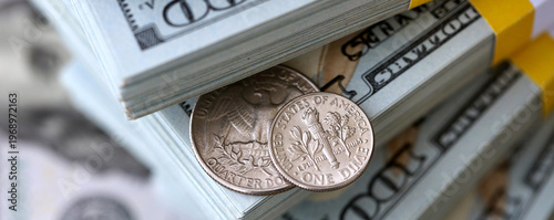 Wallpaper Mural US coin lies among ten thousand dollars packs in stack on big amount of hundred dollar bills Torontodigital.ca