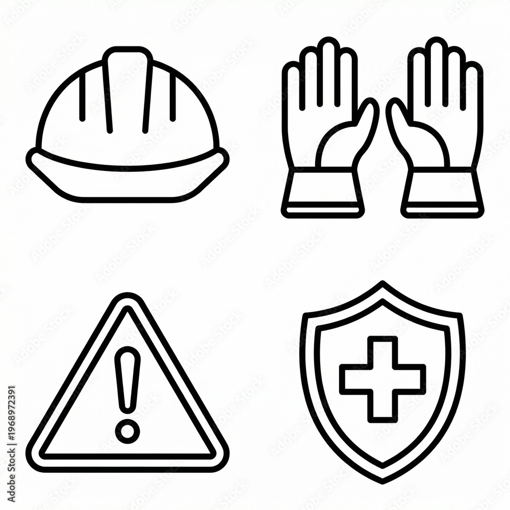 Fototapeta premium Industrial safety icon set including helmet, gloves, warning sign, and shield symbols, outline vector icons