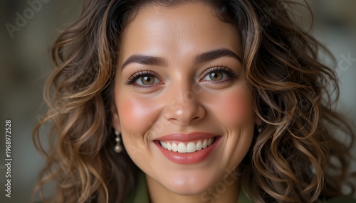 beautiful face of a middle-aged woman, smiling with curls