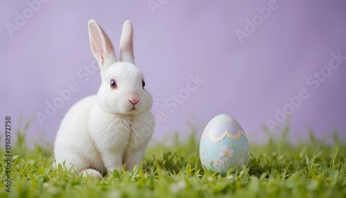 White baby rabbit sitting next to pastel egg on soft purple background