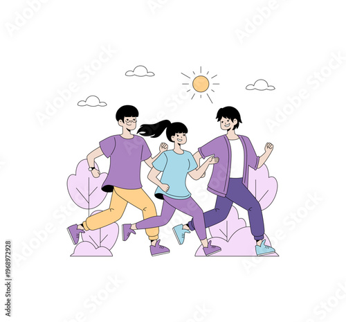 Group Running Together Outdoor Vector Illustration