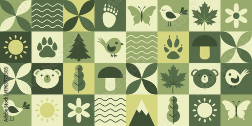 Geometric nature background with woodland elements like mountains, trees, animals and birds. Seamless pattern.