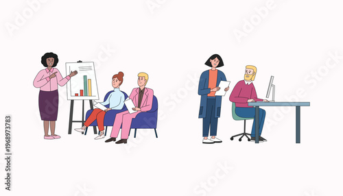 Office presentation and performance review meeting scenes flat illustration set of 2