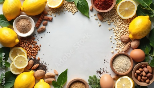 Wallpaper Mural Assortment of baking ingredients arranged in a circle on white background. Lemons nuts seeds spices eggs and leafy greens form a decorative frame for recipe or cooking text. Torontodigital.ca