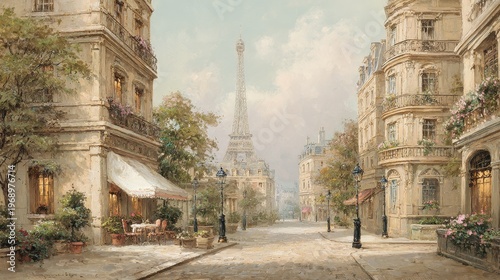 Paris street scene oil painting depicting the eiffel tower towering over classic haussmann buildings and a charming cobblestone street cafe, capturing the timeless elegance of the city