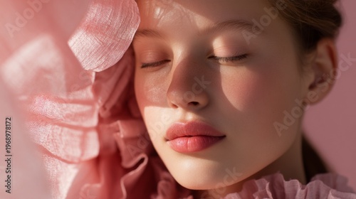 A serene young girl with fair skin and closed eyes framed by soft pink fabric.