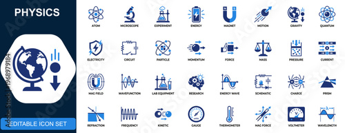 Physics icon set, atom, laboratory, experiment, energy, magnetism, motion, gravity, quantum, electricity, optics solid icons collection. Vector.