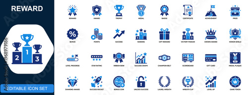 Reward icon set, award, trophy, medal, badge, certificate, achievement, points, bonus, success, ranking. Solid icons collection. Vector.