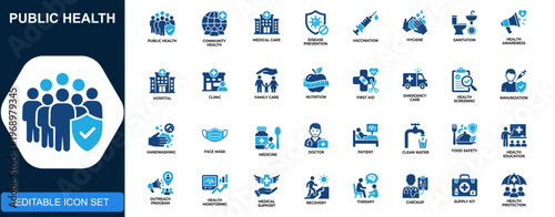 Public health icon set, community health, disease prevention, hygiene, vaccination, medical services, health awareness, sanitation, family care. Solid icons collection. Vector.
