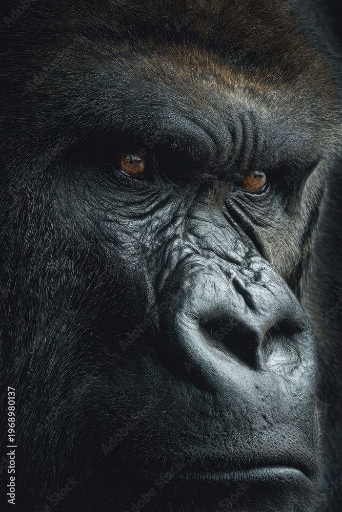Obraz premium Gloomy serious looking gorilla monkey on black background. African wildlife concept