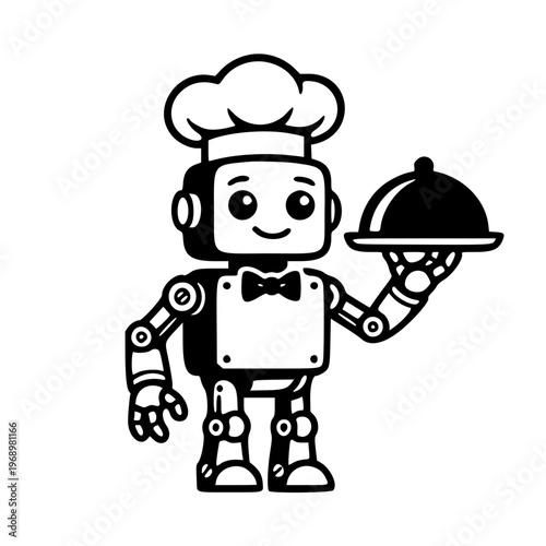 robot chef holding food tray line drawing illustration vector clipart black and white