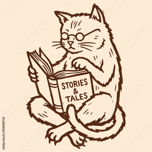 Cat Reading Book Vector Illustration. Fluffy Kitten with Glasses Vector Package. Single Funny Intellectual Pet Icon Isolated on Cream Background.