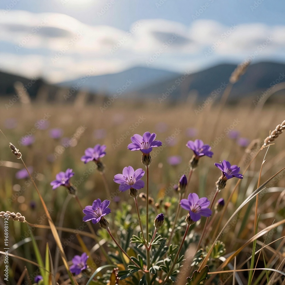 Fototapeta premium Purple Wildflowers in Mountain Meadow Field
