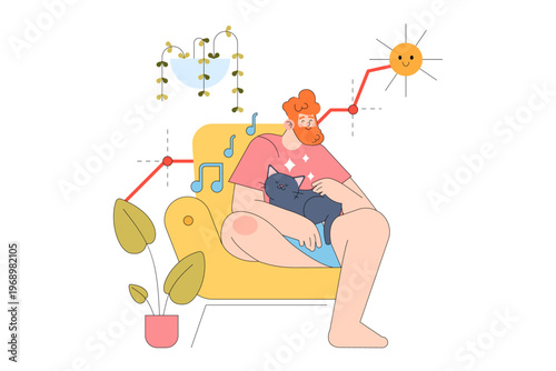 Relaxed Man with Cat in Cozy Home Vector Illustration