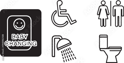 Public restroom signage icons, baby changing station and handicap accessibility symbols, bathroom facility line art vector set for wayfinding isolated PNG with Transparent Background