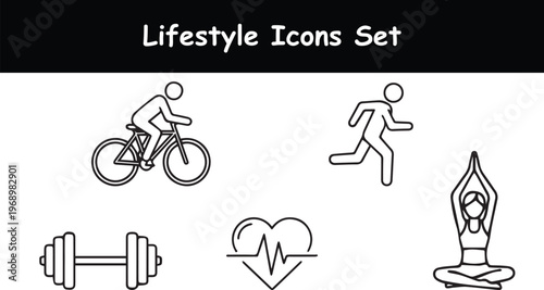 Lifestyle icons set, minimalist fitness and wellness line art, healthy living symbols for sports and exercise, black and white vector graphics isolated PNG with Transparent Background