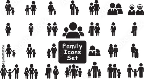 Family icons set with black silhouettes, diverse people and parent child symbols, minimalist human figures for infographic design, vector collection isolated PNG with Transparent Background