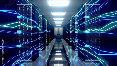 Futuristic data center server room. Digital cloud computing and cyber data flow animation. 3D 4K server room, data center, modern server room environment, futuristic data center.