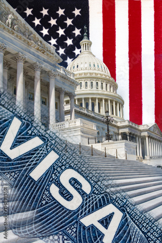Obraz na płótnie US Capitol and American flag symbolizing immigration visa ban and travel restric