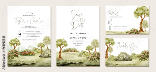 wedding invitation set with garden landscape watercolor