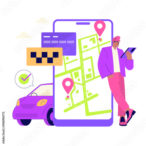 Man Using Ride-Sharing App Vector Illustration