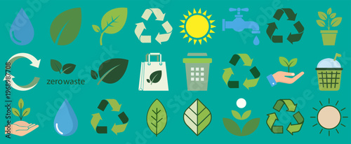 Collection of eco-friendly icons representing sustainability and environmental care