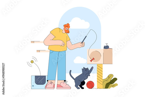 Playing with Cat using Toy in Vector Illustration